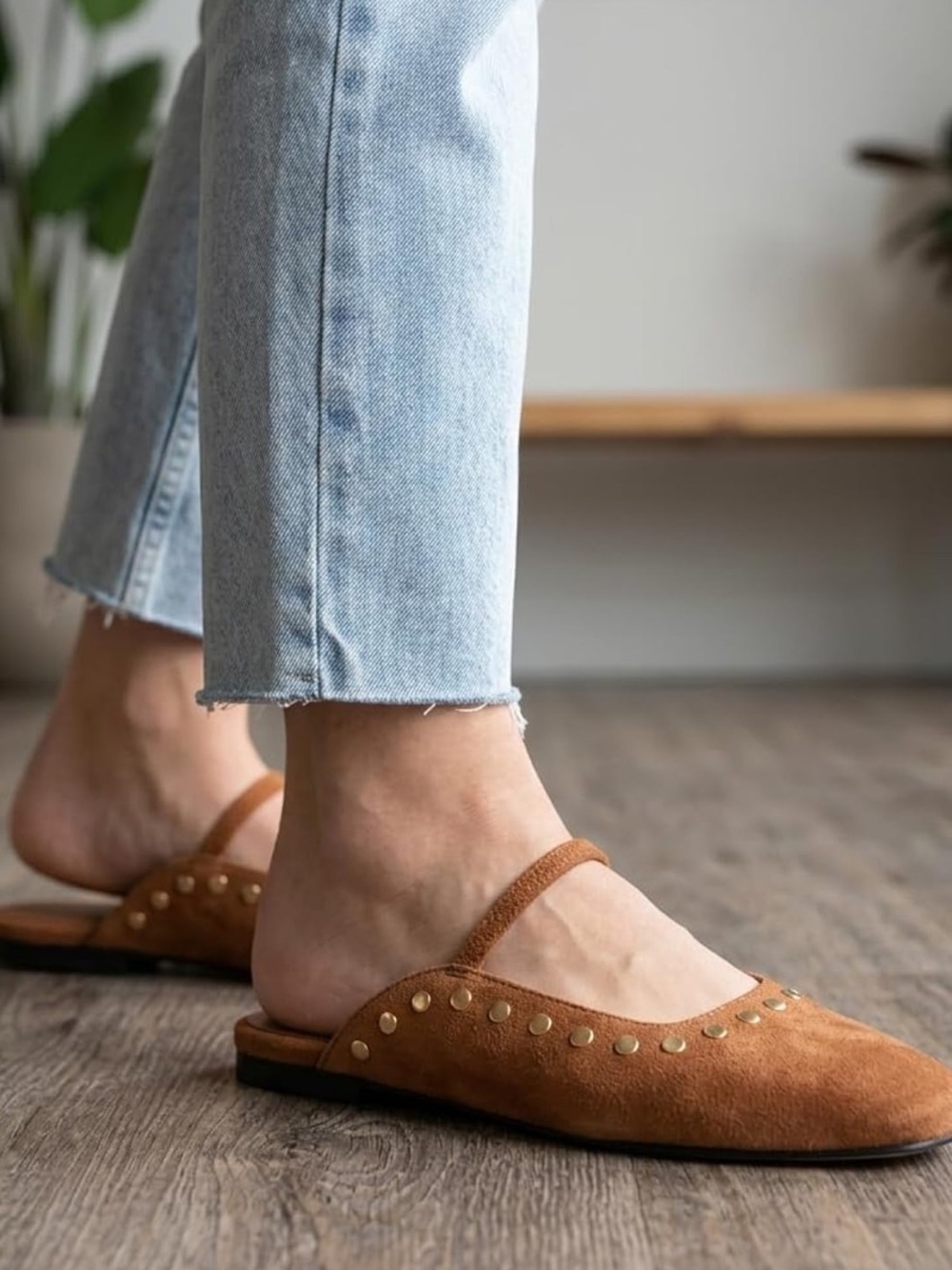 Women’s Brown Suede Studded Mary Jane Flats